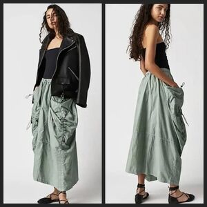 Free People Jilly Parachute Utility Cargo Pocket Sage Midi Maxi Bungee Skirt